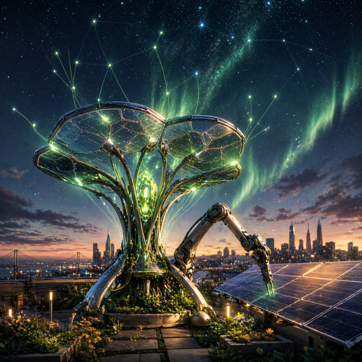Future-era Zentient hardware — robotic maintenance fleet tending solar at twilight