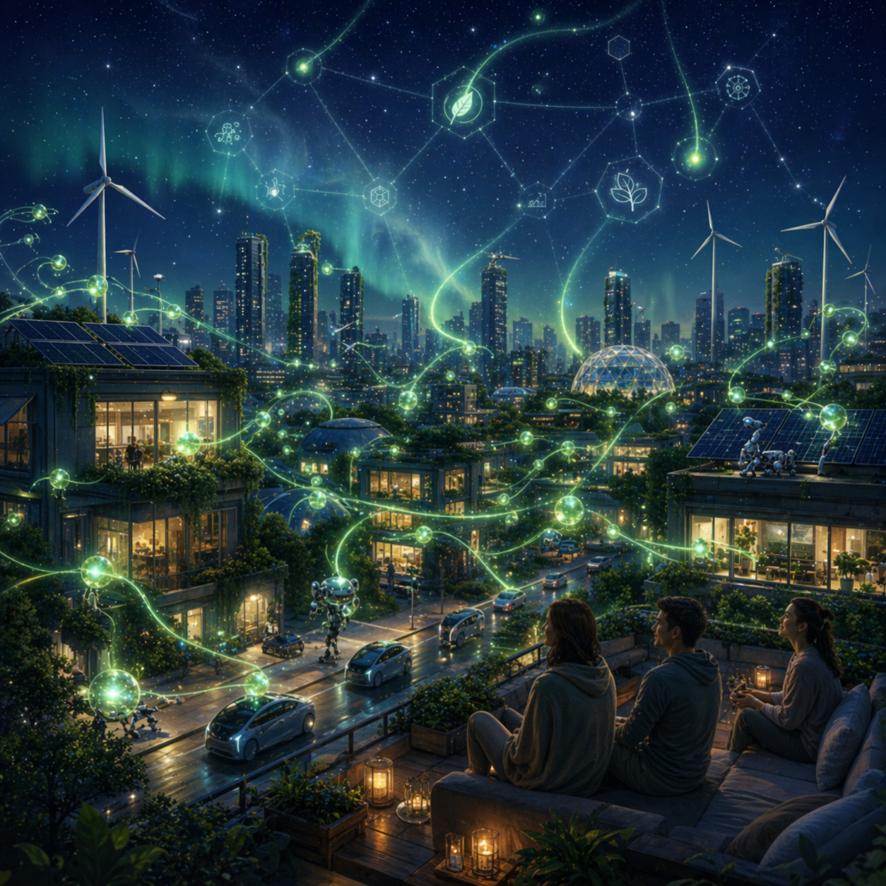A swarm of robots installing, cleaning, and maintaining rooftop solar across a city