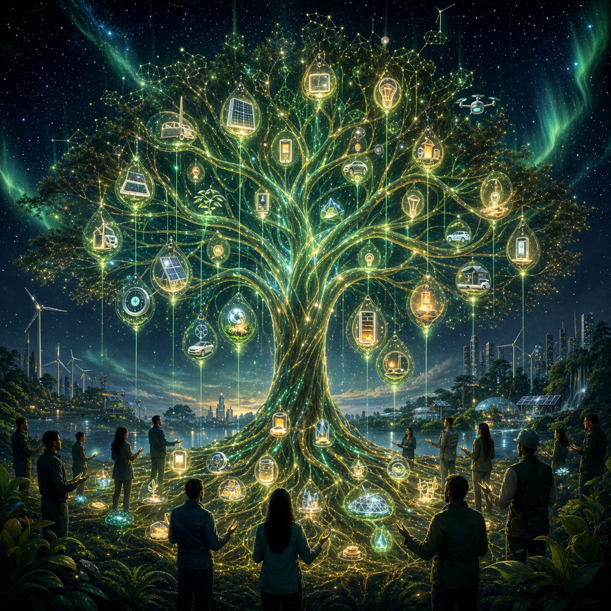 Tree-of-life swarm branching across surface classes — rooftops, canopies, farmland, reservoirs
