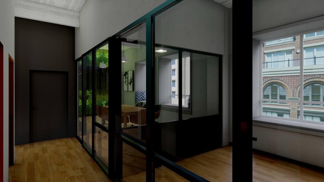 Regen Room concept rendering — daylight view toward the city street, the living wall visible inside the glass room.